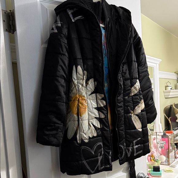 Desigual Black Floral Puffer Jacket Sz 38 - Picture 8 of 11